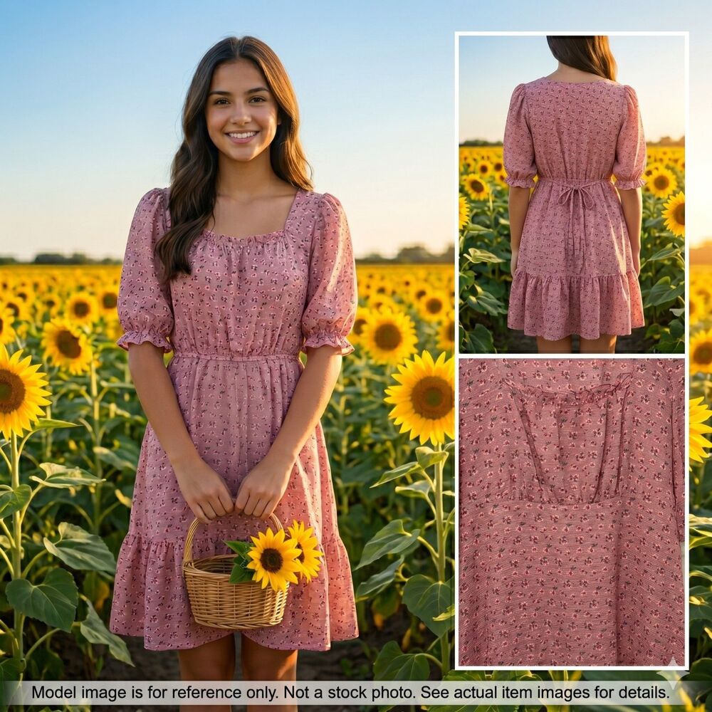 by &‎ by Pink Floral Puff-Sleeve Tiered Ruffle Dress S